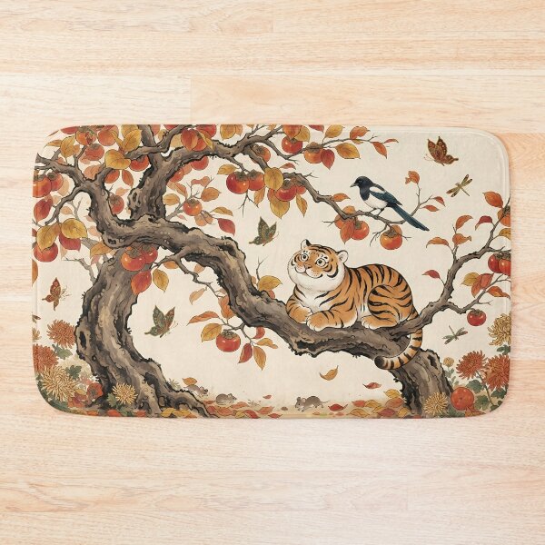 Item preview, Korean Folk Art Autumn: Cute Tiger and Persimmon Tree with Magpies - Traditional Oriental Aesthetic designed and sold by SOOstudio73.