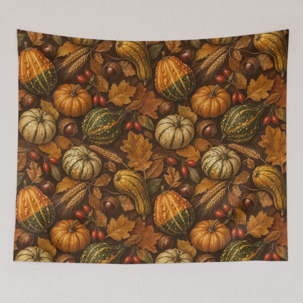 Item preview, Autumn Harvest Gourds Chestnuts and Wheat Seamless Pattern | Golden Bronze designed and sold by StickyGuys.