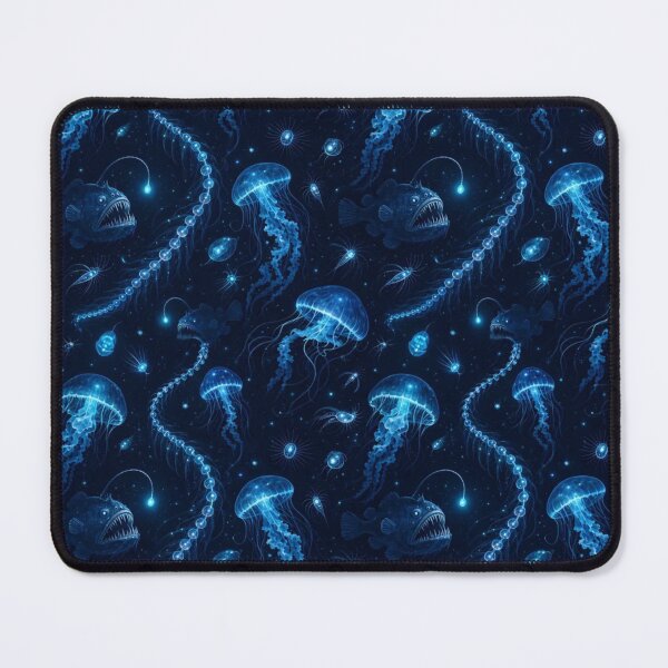 Item preview, Bioluminescent Deep Sea Creatures Drifting Seamless Pattern | Abyssal Blue designed and sold by StickyGuys.