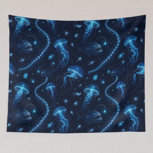 Item preview, Bioluminescent Deep Sea Creatures Drifting Seamless Pattern | Abyssal Blue designed and sold by StickyGuys.