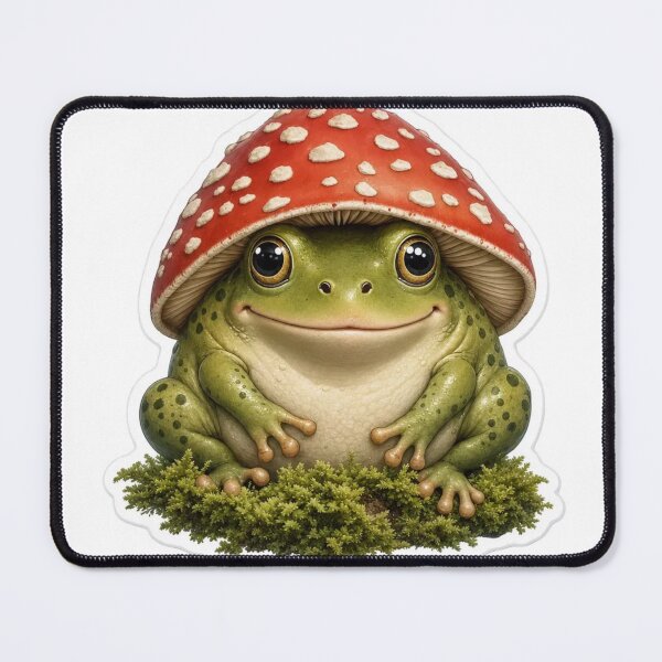 Item preview, Chubby Frog Wearing a Mushroom Hat | Cottagecore Fern Green designed and sold by StickyGuys.