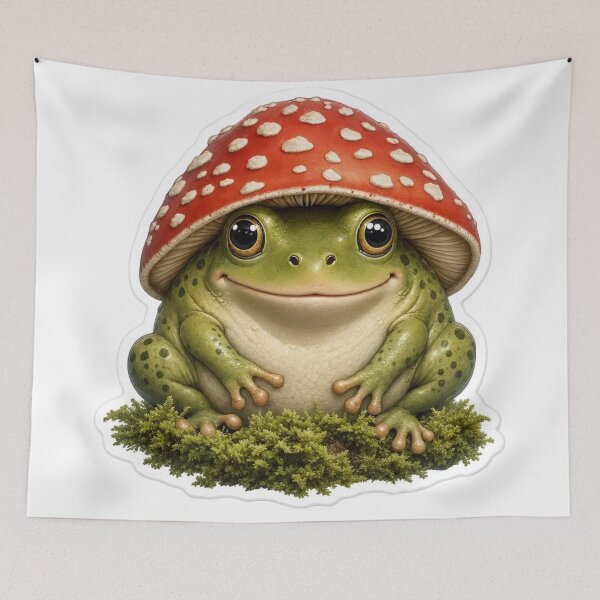 Item preview, Chubby Frog Wearing a Mushroom Hat | Cottagecore Fern Green designed and sold by StickyGuys.