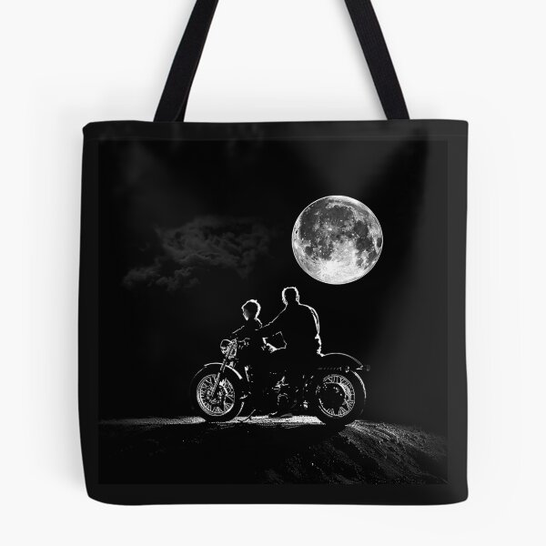 Item preview, Two Riders on a Motorcycle Beneath the Full Moon Monochrome Road Art designed and sold by inkoutninja.