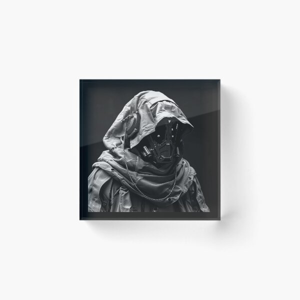 Item preview, Hooded Cyberpunk Operative with Tech Mask Monochrome Sci-Fi Portrait designed and sold by inkoutninja.