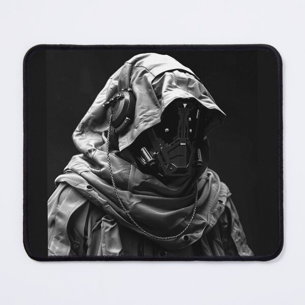 Item preview, Hooded Cyberpunk Operative with Tech Mask Monochrome Sci-Fi Portrait designed and sold by inkoutninja.