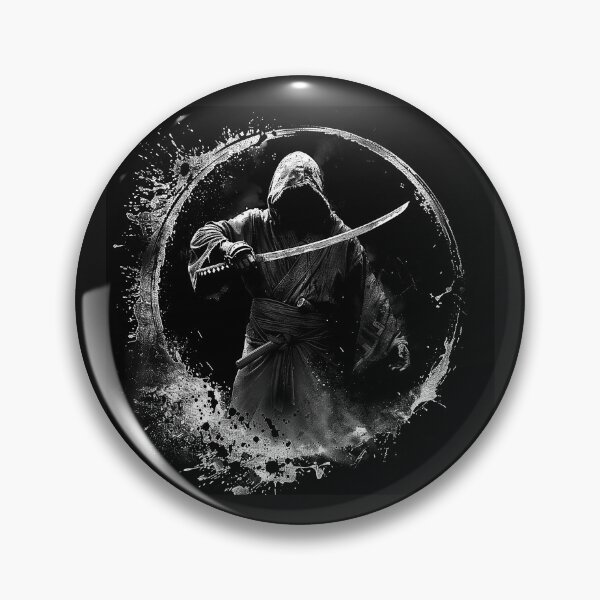 Item preview, Faceless Hooded Samurai with Katana Monochrome Ink Circle Art designed and sold by inkoutninja.