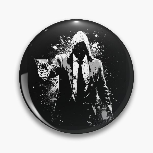 Item preview, Faceless Hooded Gunman in Suit Monochrome Grunge Action Art designed and sold by inkoutninja.