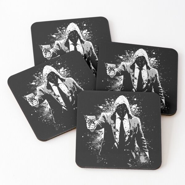 Item preview, Faceless Hooded Gunman in Suit Monochrome Grunge Action Art designed and sold by inkoutninja.