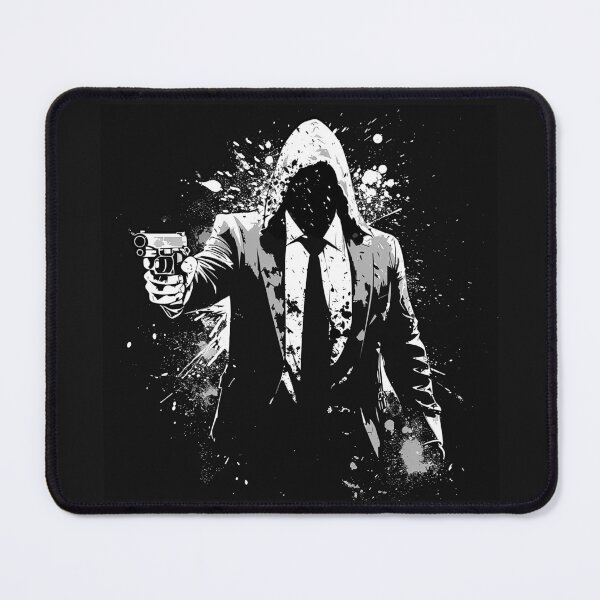 Item preview, Faceless Hooded Gunman in Suit Monochrome Grunge Action Art designed and sold by inkoutninja.