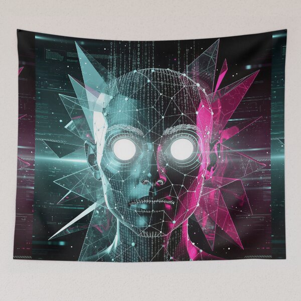 Item preview, Cyberpunk AI Cyborg Face Neon Glitch Synthwave Aesthetic designed and sold by RAMIX-Y2K.