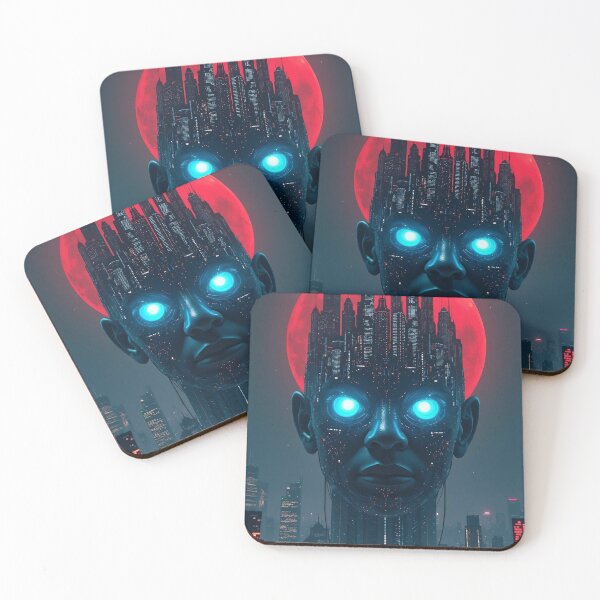 Item preview, Cyberpunk City Head AI Cyborg Red Moon Synthwave Aesthetic designed and sold by RAMIX-Y2K.