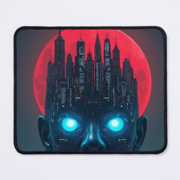Item preview, Cyberpunk City Head AI Cyborg Red Moon Synthwave Aesthetic designed and sold by RAMIX-Y2K.