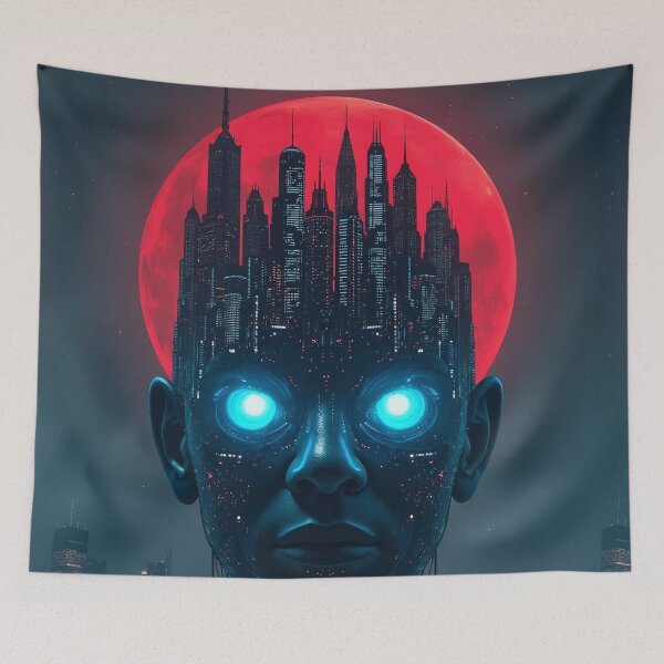 Item preview, Cyberpunk City Head AI Cyborg Red Moon Synthwave Aesthetic designed and sold by RAMIX-Y2K.