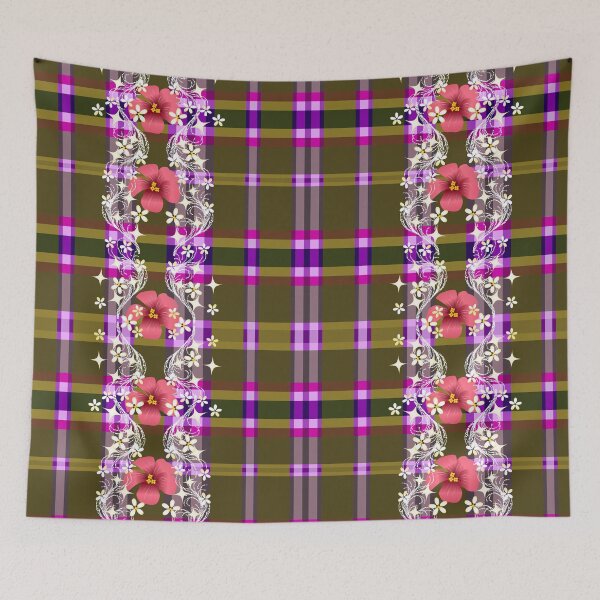 Item preview, Thai Plaid with Red Hibiscus Floral Border designed and sold by Vector Loom Studio 9.
