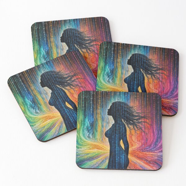 Item preview, Binary Code Woman Silhouette Rainbow Matrix Alcohol Ink Cyber Art designed and sold by RAMIX-Y2K.