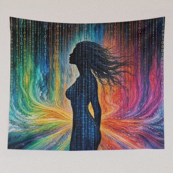 Item preview, Binary Code Woman Silhouette Rainbow Matrix Alcohol Ink Cyber Art designed and sold by RAMIX-Y2K.