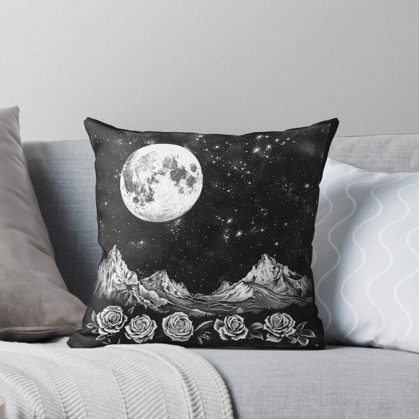 Item preview, Moonlit Mountains and Roses Black and White Celestial Landscape designed and sold by inkoutninja.