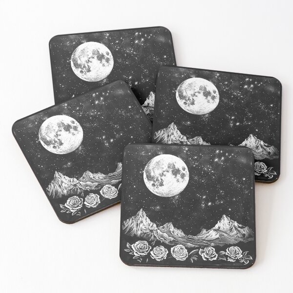 Item preview, Moonlit Mountains and Roses Black and White Celestial Landscape designed and sold by inkoutninja.