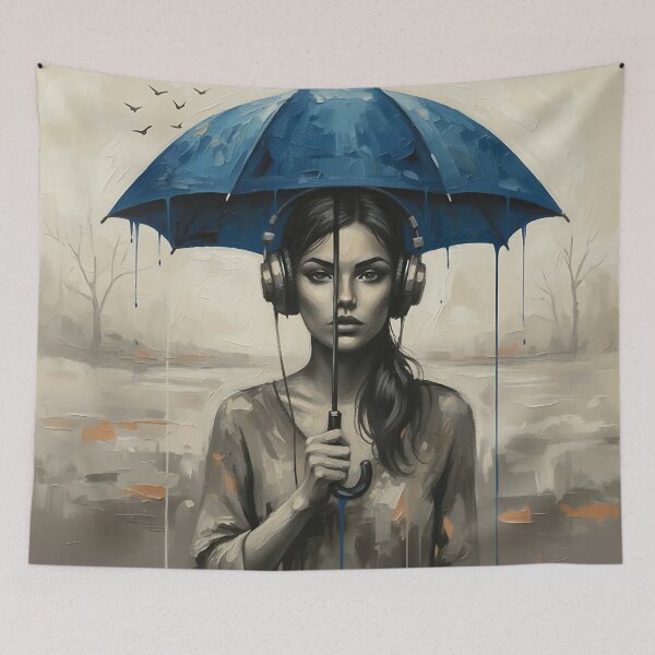 Item preview, Silent Symphony – Blue Umbrella & Headphones | Minimalist Emotional Art designed and sold by Atelier Nova.