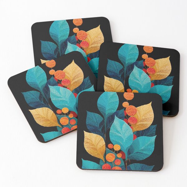 Item preview, Vibrant Teal and Gold Leaves with Red Berries designed and sold by colorful-white.