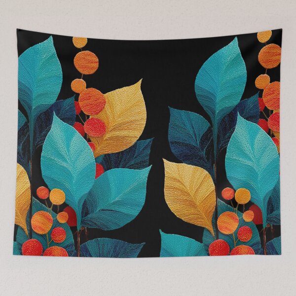 Item preview, Vibrant Teal and Gold Leaves with Red Berries designed and sold by colorful-white.