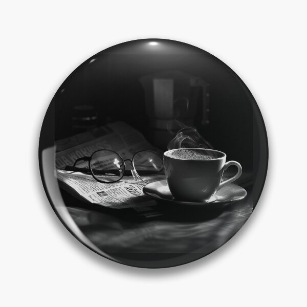 Item preview, Steaming Coffee with Glasses and Newspaper Monochrome Morning Still Life designed and sold by inkoutninja.