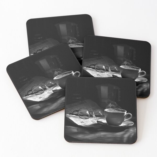 Item preview, Steaming Coffee with Glasses and Newspaper Monochrome Morning Still Life designed and sold by inkoutninja.
