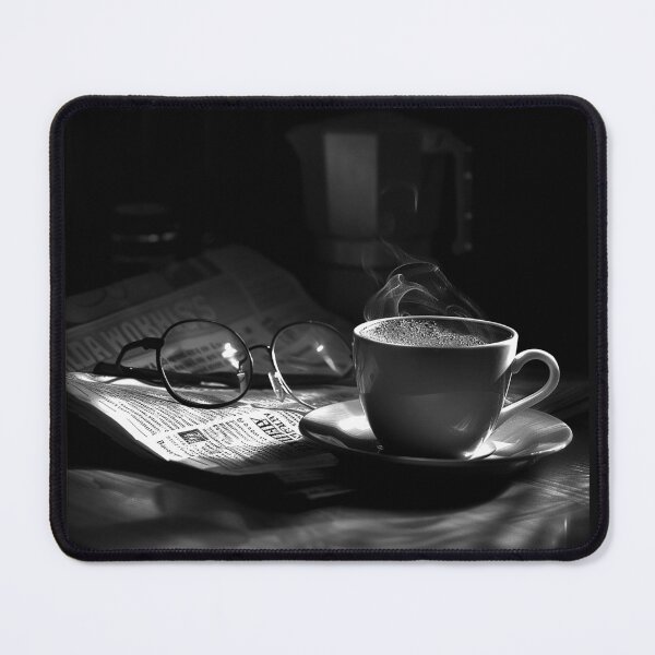 Item preview, Steaming Coffee with Glasses and Newspaper Monochrome Morning Still Life designed and sold by inkoutninja.