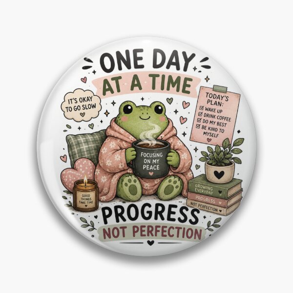 Item preview, One Day at a Time Frog – Cute Cozy Cottagecore Sticker | Progress Not Perfection designed and sold by DreamyBrushArt.