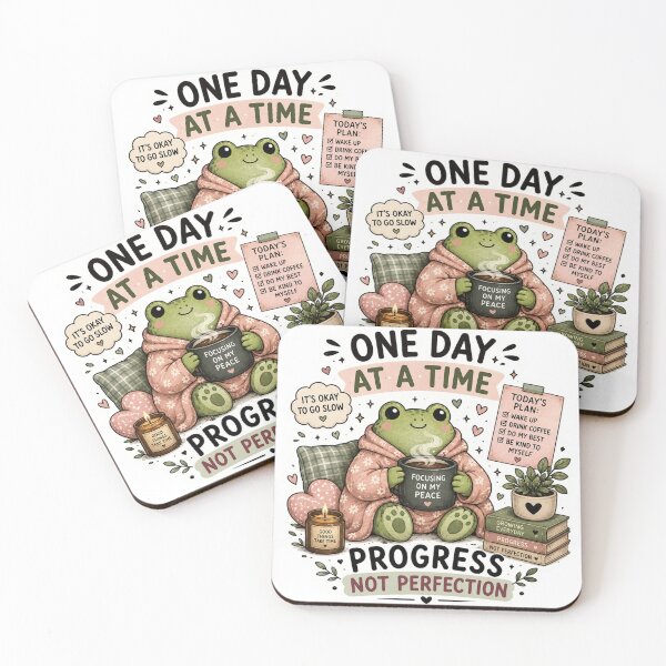 Item preview, One Day at a Time Frog – Cute Cozy Cottagecore Sticker | Progress Not Perfection designed and sold by DreamyBrushArt.