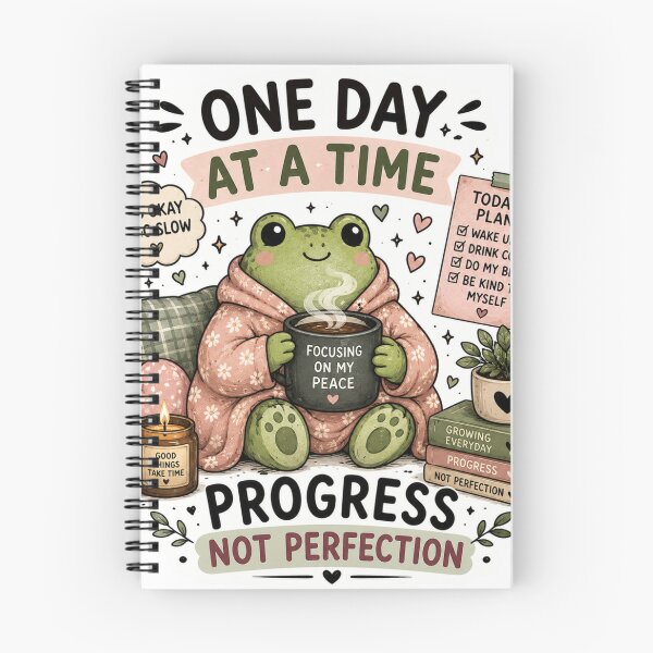 Item preview, One Day at a Time Frog – Cute Cozy Cottagecore Sticker | Progress Not Perfection designed and sold by DreamyBrushArt.