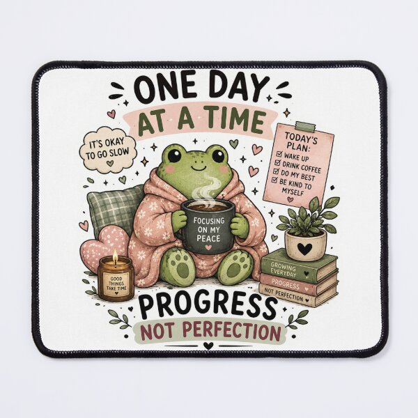 Item preview, One Day at a Time Frog – Cute Cozy Cottagecore Sticker | Progress Not Perfection designed and sold by DreamyBrushArt.