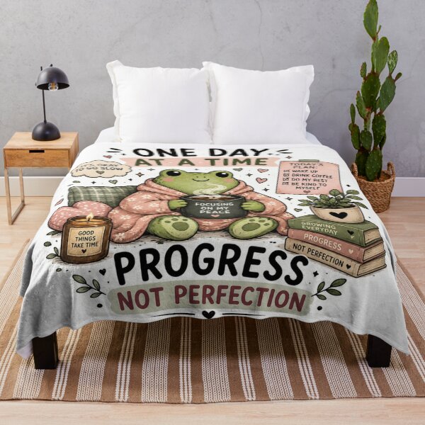 Item preview, One Day at a Time Frog – Cute Cozy Cottagecore Sticker | Progress Not Perfection designed and sold by DreamyBrushArt.