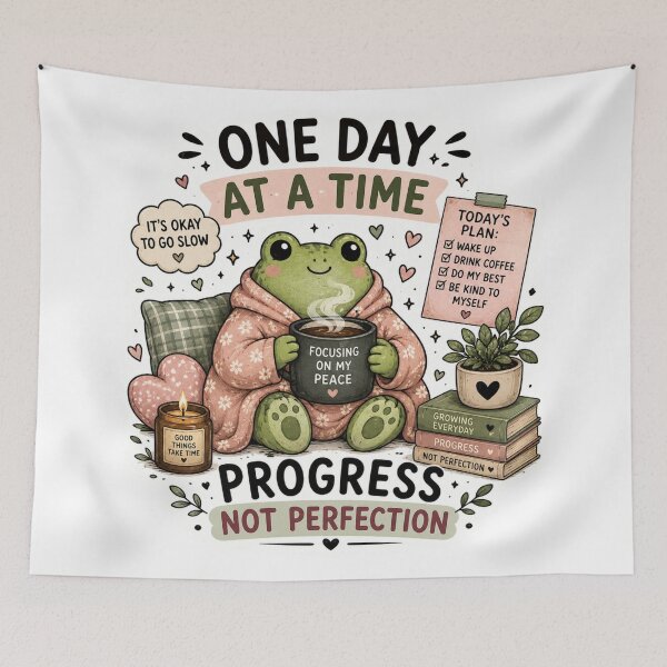 Item preview, One Day at a Time Frog – Cute Cozy Cottagecore Sticker | Progress Not Perfection designed and sold by DreamyBrushArt.
