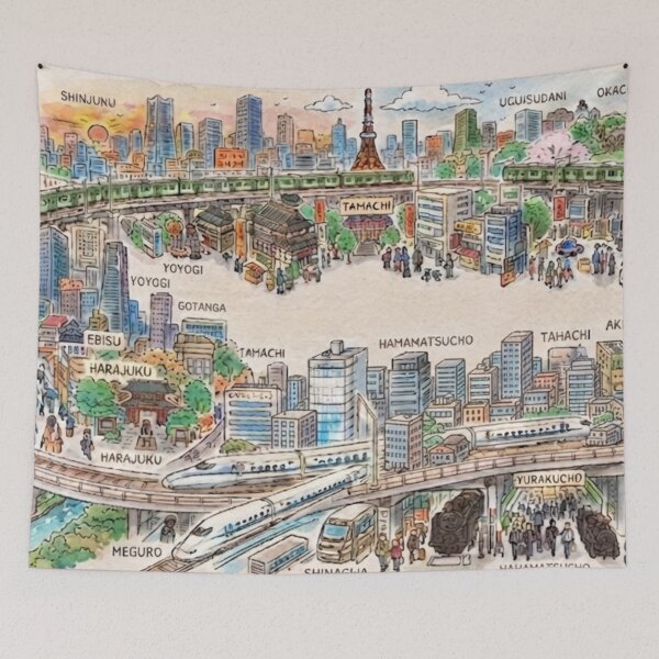 Item preview, Yamanote Line Tokyo City Loop – Hand-Drawn Watercolor Japanese Train Map & Landmarks designed and sold by Kokeshidreams.