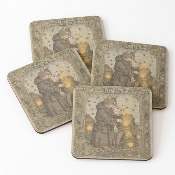 Item preview, Medieval Cat Beekeeper Tending Glowing Hives Illuminated Manuscript designed and sold by PictorialWhimsy.