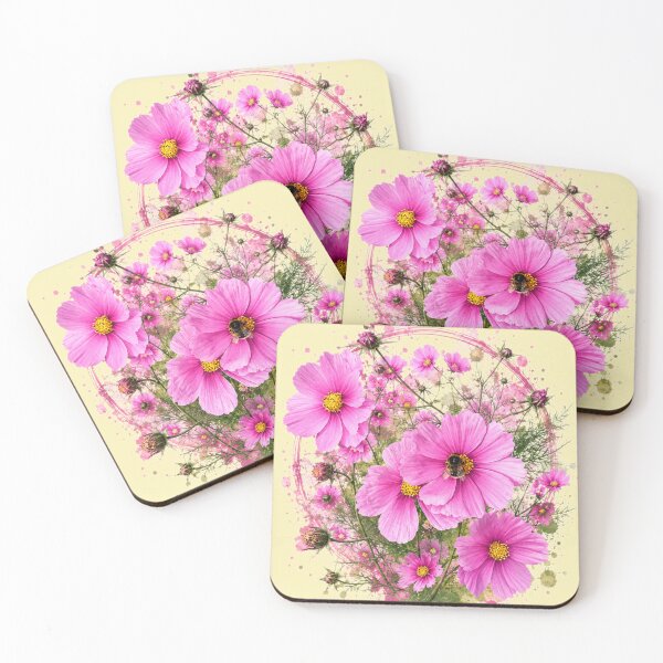 Item preview, Pink Cosmos Flowers and Bumblebee Botanical Art Watercolor Splash designed and sold by Evelashop.