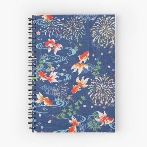 Item preview, Japanese Goldfish, Fireworks and Ripples - Traditional Yukata Pattern Indigo Blue designed and sold by Kokeshidreams.