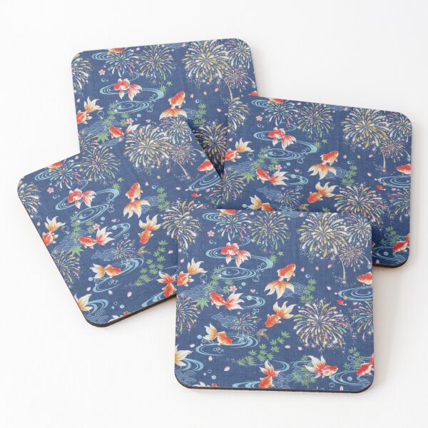 Item preview, Japanese Goldfish, Fireworks and Ripples - Traditional Yukata Pattern Indigo Blue designed and sold by Kokeshidreams.