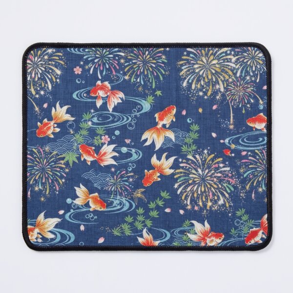 Item preview, Japanese Goldfish, Fireworks and Ripples - Traditional Yukata Pattern Indigo Blue designed and sold by Kokeshidreams.