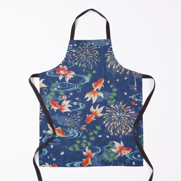 Item preview, Japanese Goldfish, Fireworks and Ripples - Traditional Yukata Pattern Indigo Blue designed and sold by Kokeshidreams.