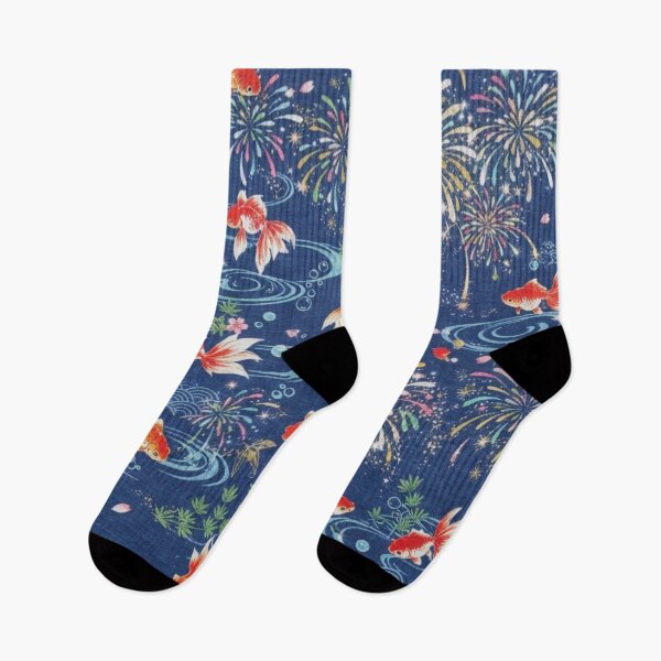 Item preview, Japanese Goldfish, Fireworks and Ripples - Traditional Yukata Pattern Indigo Blue designed and sold by Kokeshidreams.