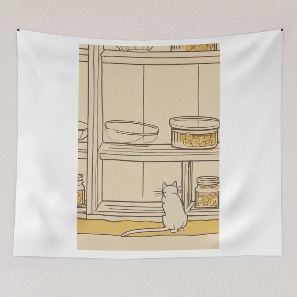 Item preview, Illustration - Captivated White Feline, Delicate Line-Drawn Cabinet Interior designed and sold by World-Pets.