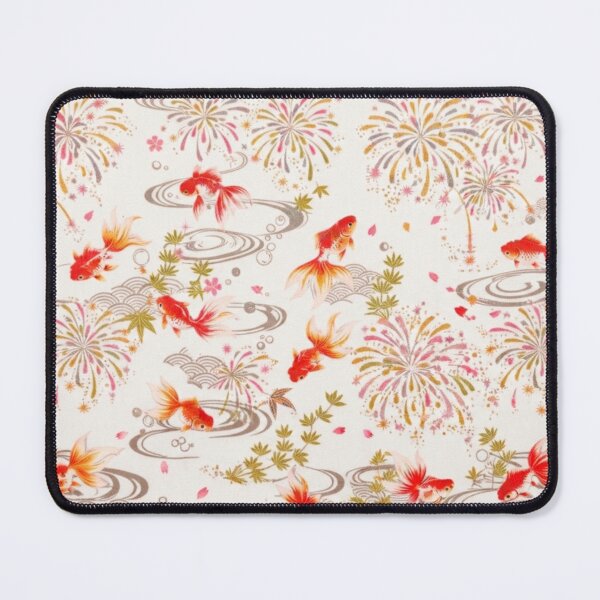 Item preview, White Japanese Goldfish, Fireworks and Ripples - Traditional Yukata Pattern Cream Background designed and sold by Kokeshidreams.