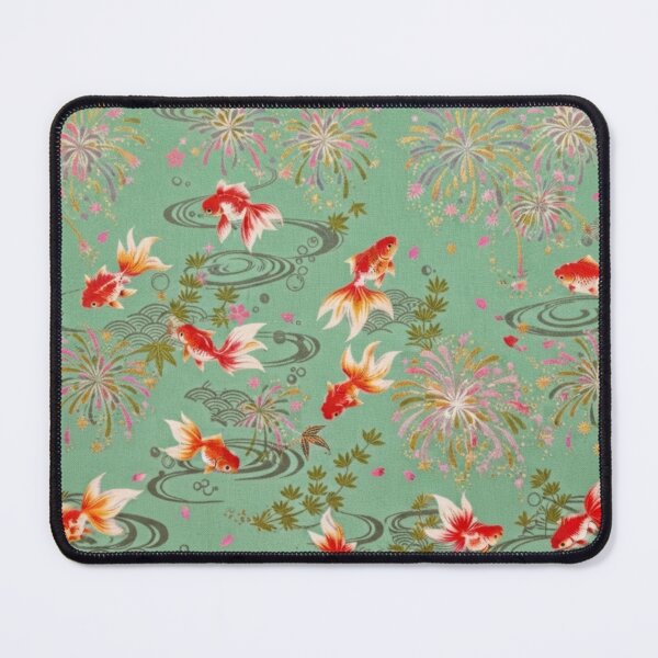 Item preview, Mint Green Japanese Goldfish, Fireworks and Ripples - Traditional Yukata Pattern designed and sold by Kokeshidreams.