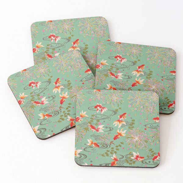 Item preview, Mint Green Japanese Goldfish, Fireworks and Ripples - Traditional Yukata Pattern designed and sold by Kokeshidreams.