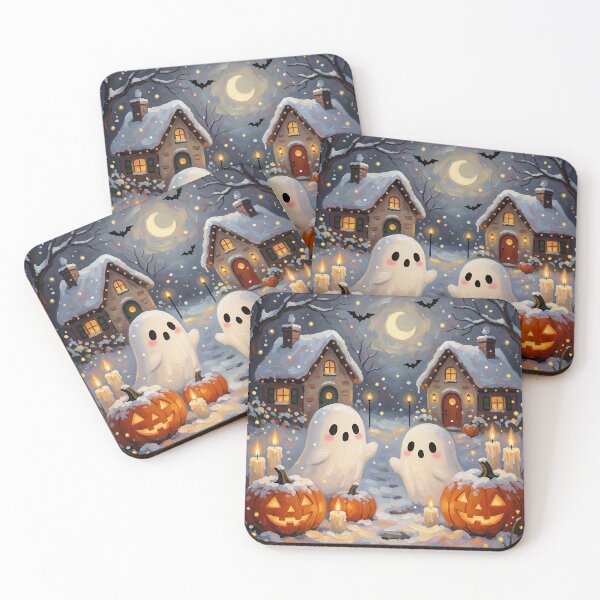 Item preview, Cute Halloween Ghosts in Snowy Village Cozy Spooky Cottage Moonlight Pumpkin Painting designed and sold by cr6zym1nd.