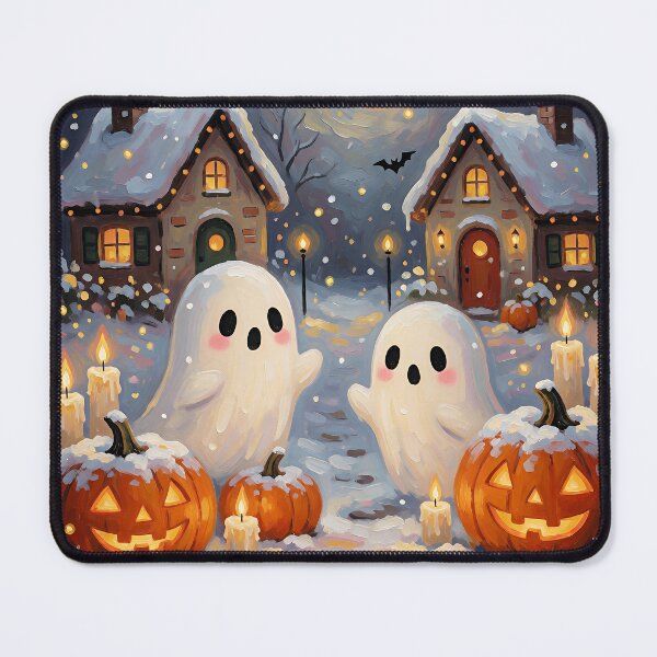 Item preview, Cute Halloween Ghosts in Snowy Village Cozy Spooky Cottage Moonlight Pumpkin Painting designed and sold by cr6zym1nd.