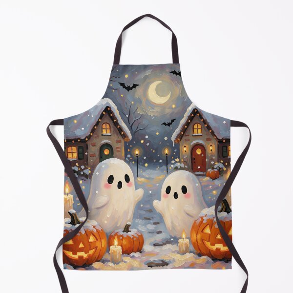 Item preview, Cute Halloween Ghosts in Snowy Village Cozy Spooky Cottage Moonlight Pumpkin Painting designed and sold by cr6zym1nd.