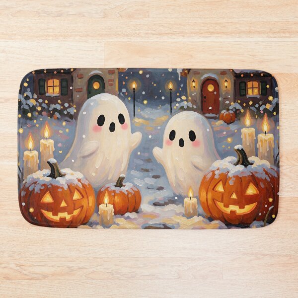 Item preview, Cute Halloween Ghosts in Snowy Village Cozy Spooky Cottage Moonlight Pumpkin Painting designed and sold by cr6zym1nd.